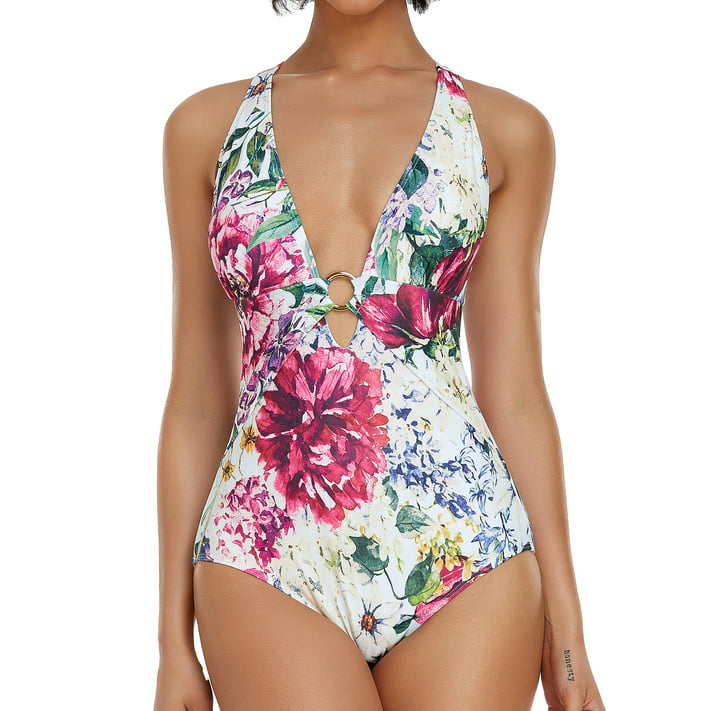 Women’s One Piece Swimsuits Floral Print Bathing Suits for Women Deep V Neck with Front and Back Ring